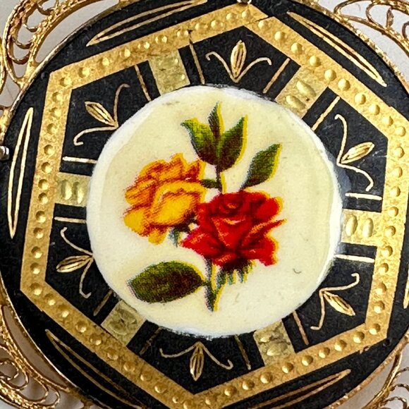 Vintage Filigree Damascene Guilloche Rose Brooch With Yellow & Red Floral Design - Picture 8 of 10